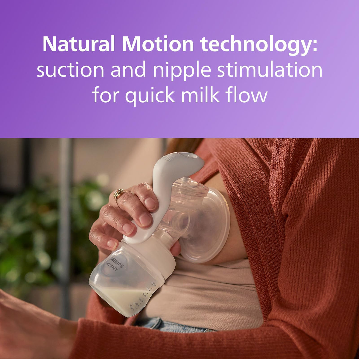 Philips Avent - Bomba de leche manual, fácil de bombear con tecnología de movimiento natural, cojín de silicona, botella natural de 4 onzas, disco de sellado, anillo de tornillo, transparente, modelo