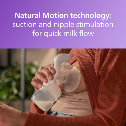 Philips Avent - Bomba de leche manual, fácil de bombear con tecnología de movimiento natural, cojín de silicona, botella natural de 4 onzas, disco de sellado, anillo de tornillo, transparente, modelo