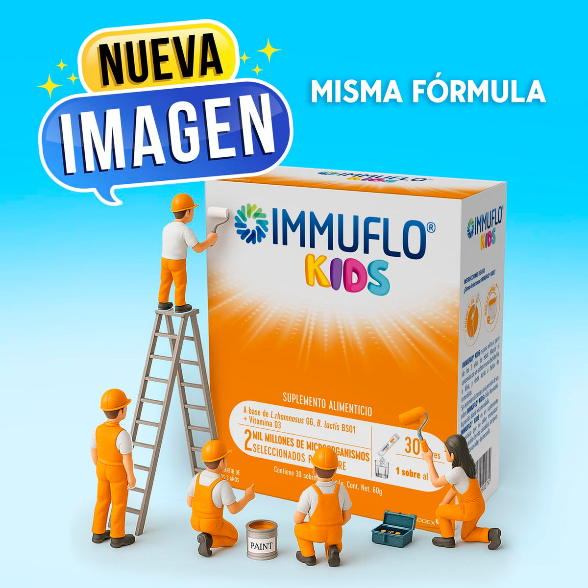 IMMU-FLO® KIDS Suplemento Alimenticio a base de L. rhamnosus GG, B. lactis BS01 + Vitamina D3 regulador del sistema inmune y ayuda a previenir alergias