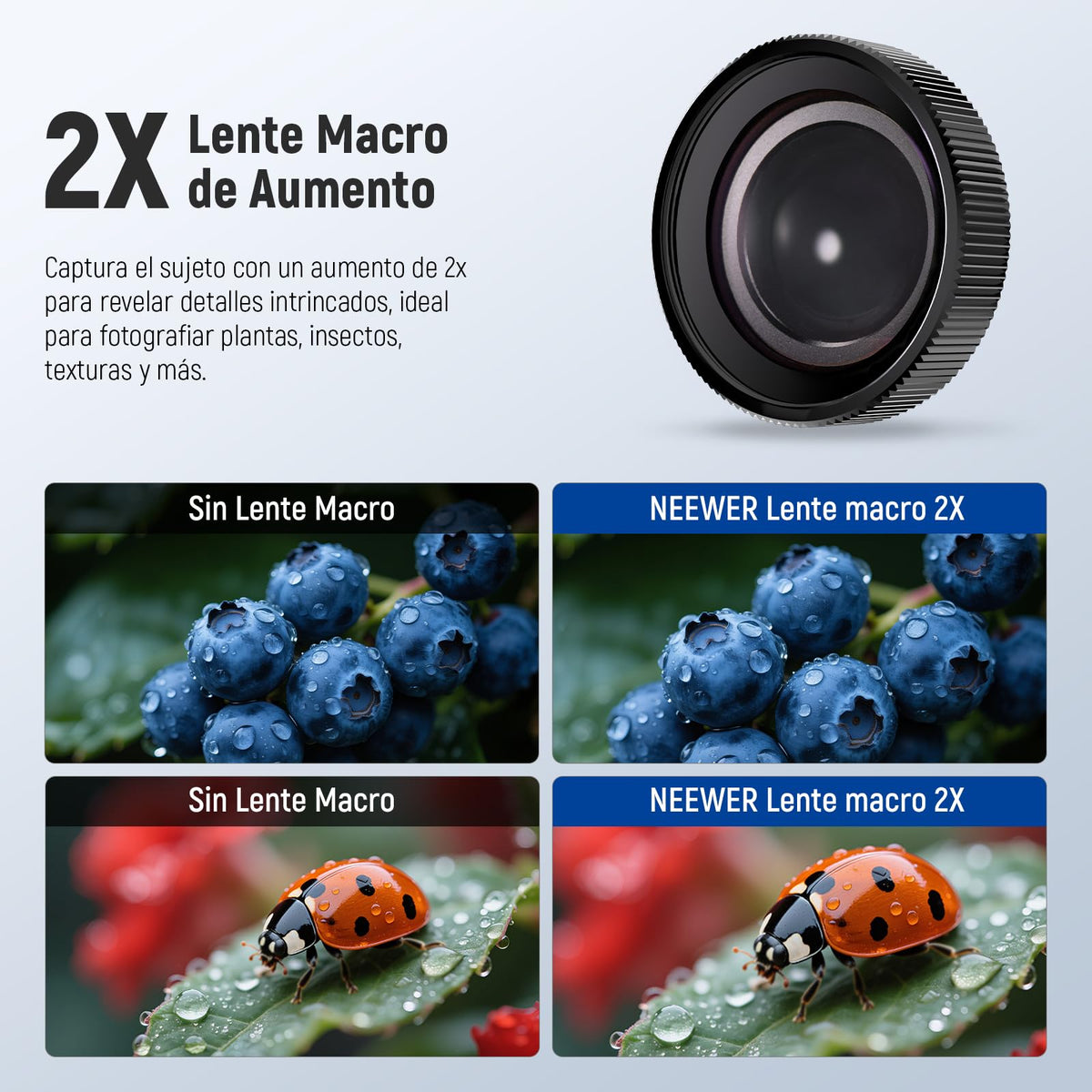 NEEWER Lente Macro Compatible con dji Osmo Action 5 Pro/4 Cámara Acción, Aumento 2X, 2 Elementos en 1 Grupo, Distancia Focal 3-4 cm, Accesorio para Fotografía de Cerca, No Resistente al Agua, LS-68