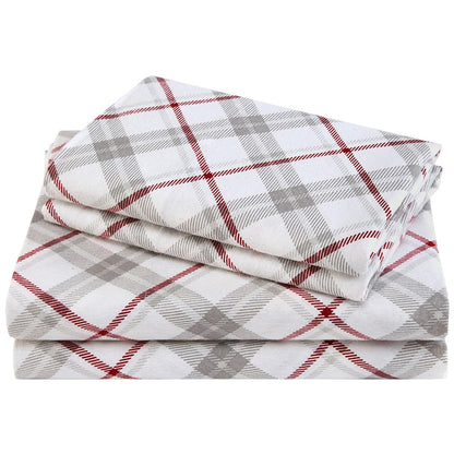 Comfort Spaces Juego de Sábanas de Franela de Algodón - 6 Piezas - King - Cuadros Gris - Rojo