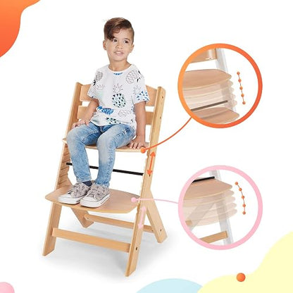 Kinderkraft ENOCK Silla Alta de Madera, Periquera Infantil, Portatil, para niños, Evolutiva silla alta, Ergonómica, Con accesorios, Barrera y Bandeja, Madera natural