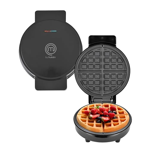 Hukën x MasterChef | Wafflera Belga Eléctrica Flash Cook Redonda | Calentamiento Rápido y Uniforme | Temperatura Automática | Antiadherente de Alto Nivel | Luces Indicadoras | Color Negro