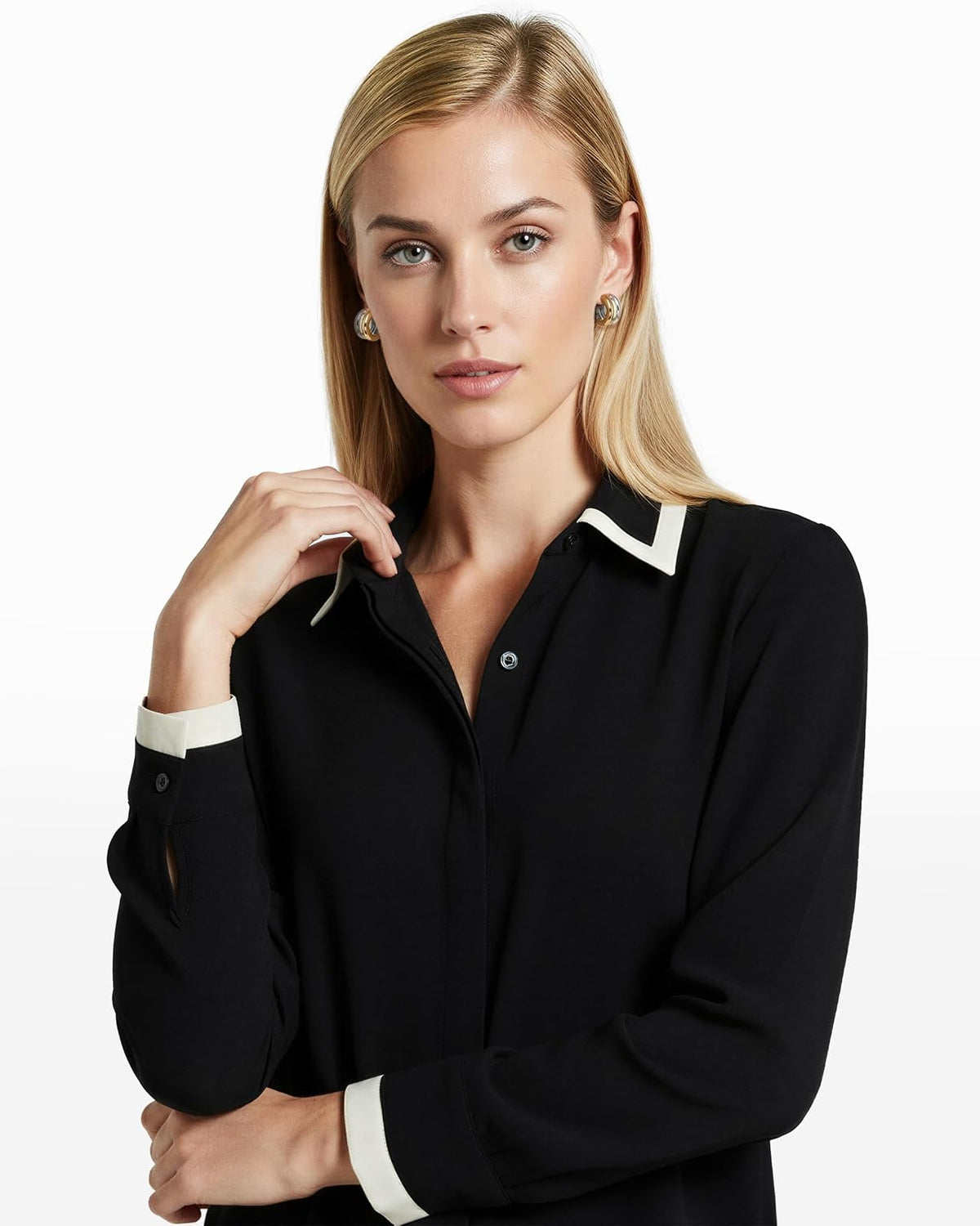 Anne Klein - Blusa de Manga Larga con Botones para Mujer
