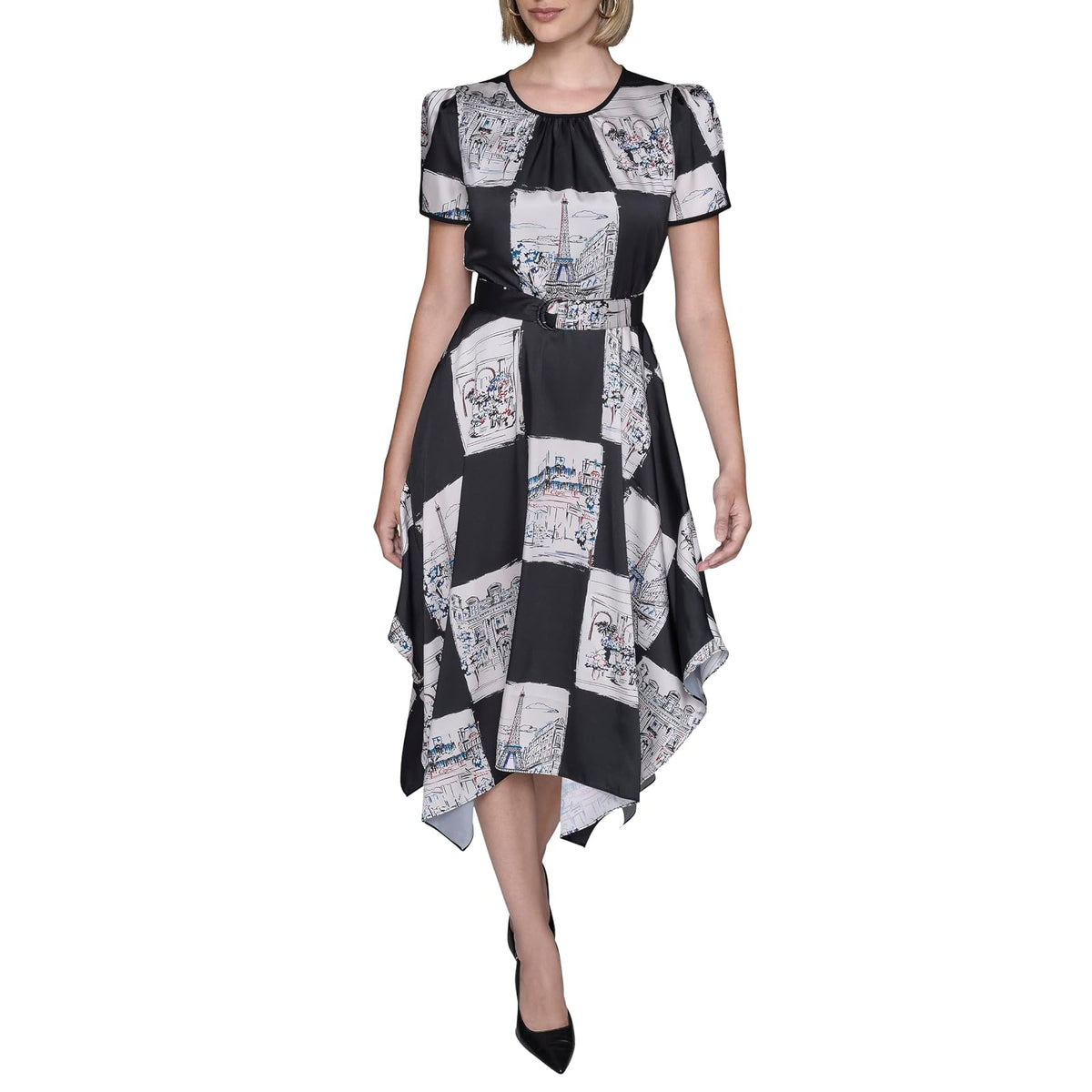 Karl Lagerfeld Short Sleeve Hanky Hem Tie Waist Printed Twill Midi Dress Vestido Informal Mujer