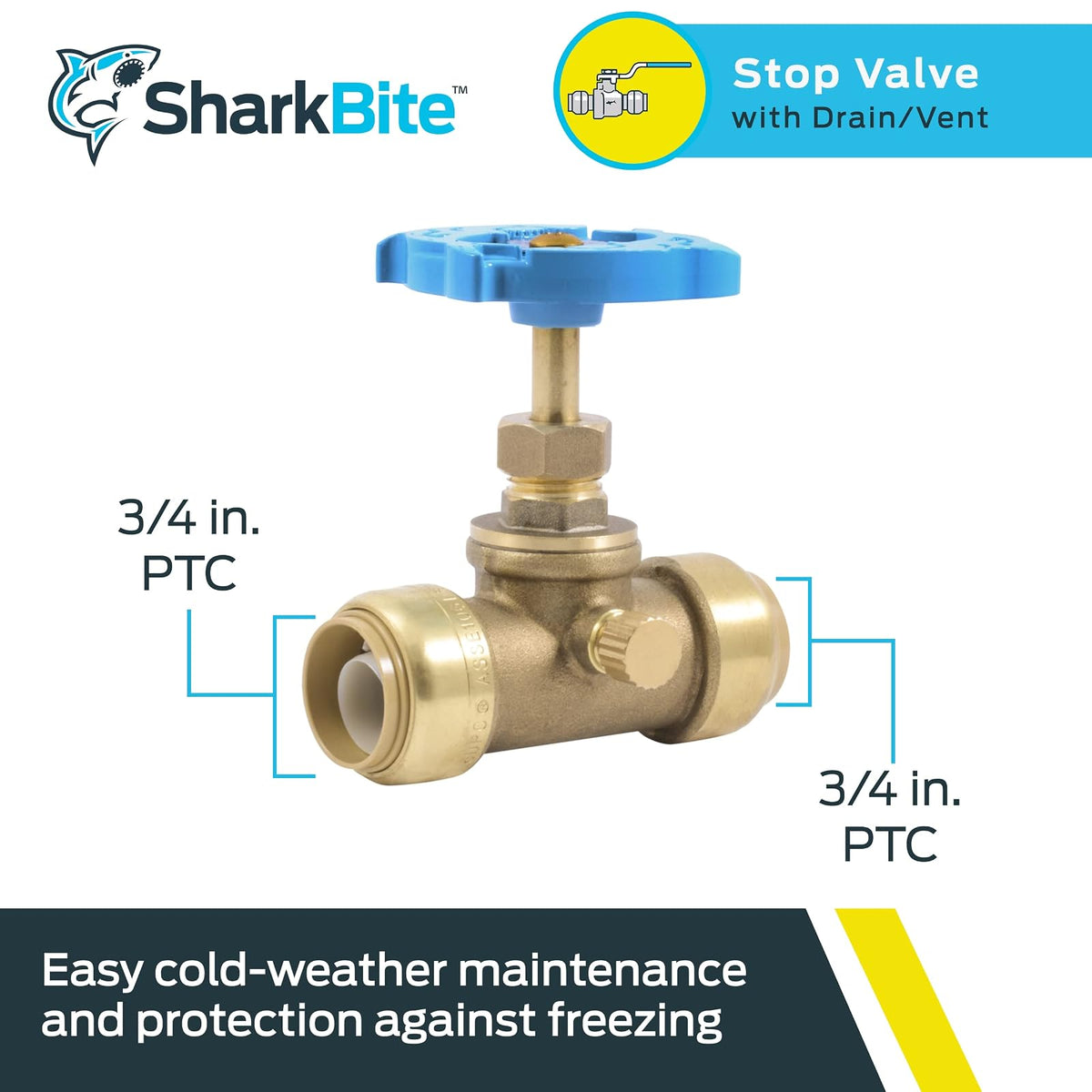 SharkBite Válvula de tope de 3/4 pulgadas con drenaje y ventilación, empuje para conectar el accesorio de fontanería de latón, tubo PEX, cobre, CPVC, PE-RT, HDPE, 24635LF