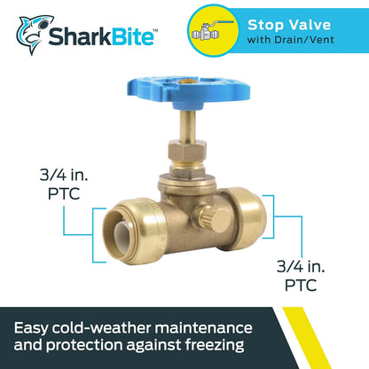 SharkBite Válvula de tope de 3/4 pulgadas con drenaje y ventilación, empuje para conectar el accesorio de fontanería de latón, tubo PEX, cobre, CPVC, PE-RT, HDPE, 24635LF