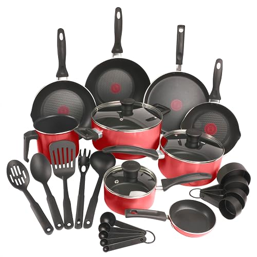 T-fal Batería de Cocina Supercook de 26 piezas Color Rojo con Antiadherente Titanium, tecnología Thermo Señal, de fácil limpieza y base difusora para crear deliciosas recetas, B929SZ84