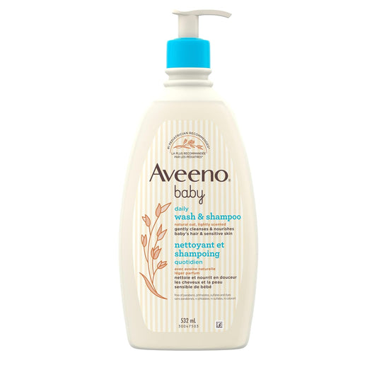 Aveeno Baby Gentle Wash & Shampoo con extracto de avena natural, fórmula sin lágrimas y sin parabenos para cabello y cuerpo, ligeramente perfumado, 18 onzas líquidas. Onz