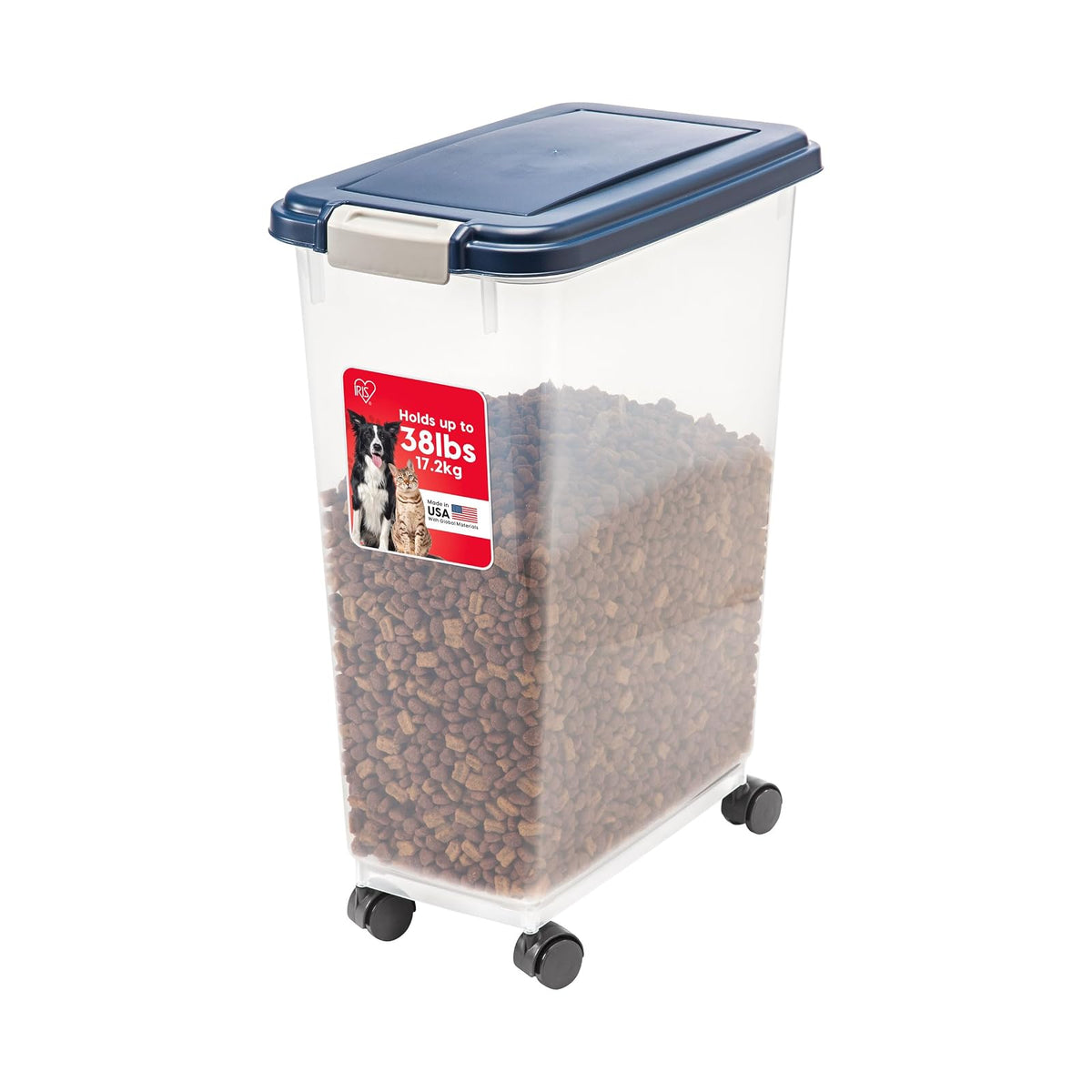 IRIS USA Contenedor Hermético WeatherPro con Ruedas para Alimento de Mascotas, hasta 13.6 kg - 44.5 L - 15.9 Kg - Navy