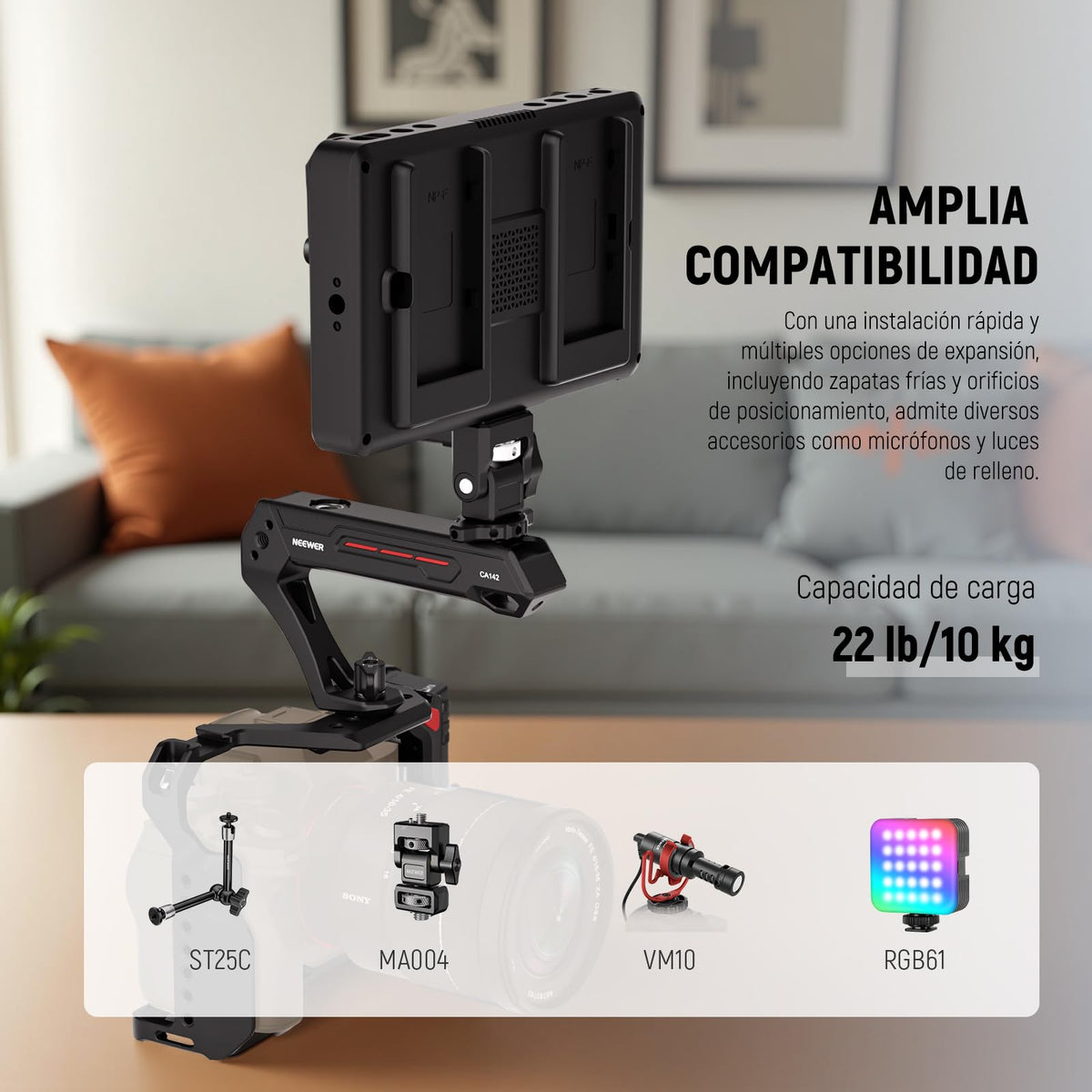 NEEWER BÁSICO Top Handle Cámara Ligera con 3/8" Pin para ARRI, Resistente Jaula Plástica Empuñadura Handle Grip w/ 1/4" 3/8" Agujeros Tornillo & Zapata Fría para Luz Video Mic, Carga Máx 10kg, CA142