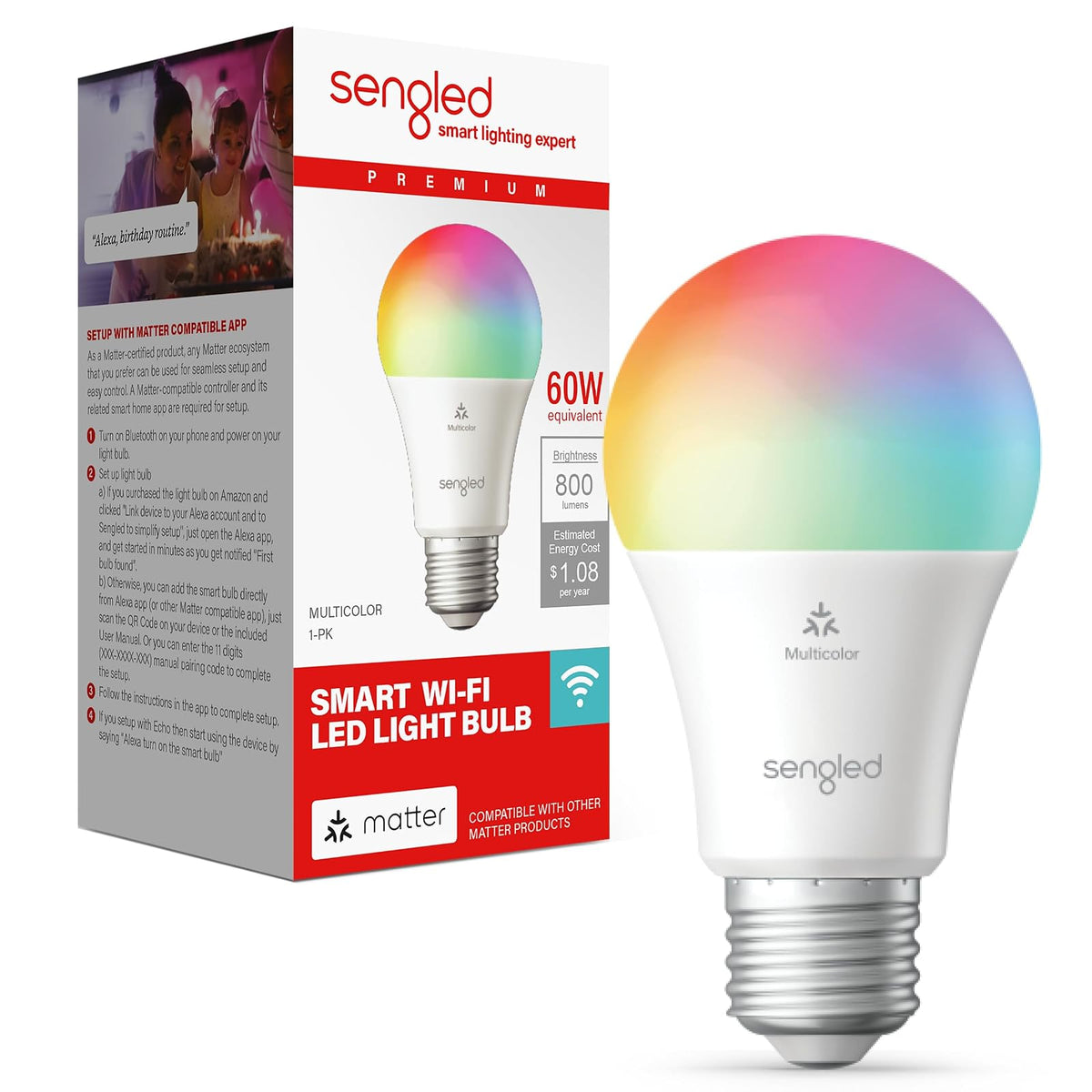 Sengled Matter - foco LED inteligente (A19), multicolor, compatible con Alexa, equivalente a 60 W, 800 lm, emparejamiento instantáneo, paquete de 1