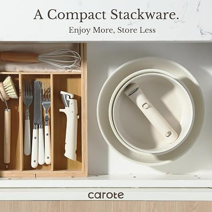 CAROTE – Batería de Cocina 15 Piezas, Ollas y Sartenes Antiadherentes, Mango Desmontable, Apto para Horno, Color Granito Blanco, Compatible con Inducción y Gas
