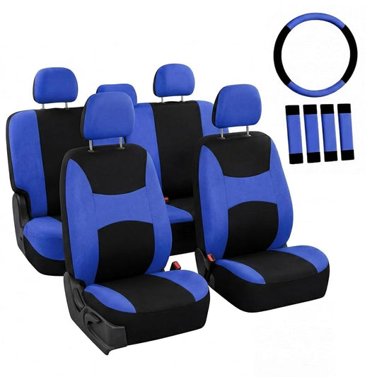 FH GROUP FB030BLUEBLACK-COMBO Seat Cover Combo Set with Steering Wheel Cover and Seat Belt Pad (Airbag Compatible and Split Bench Blue/Black)
