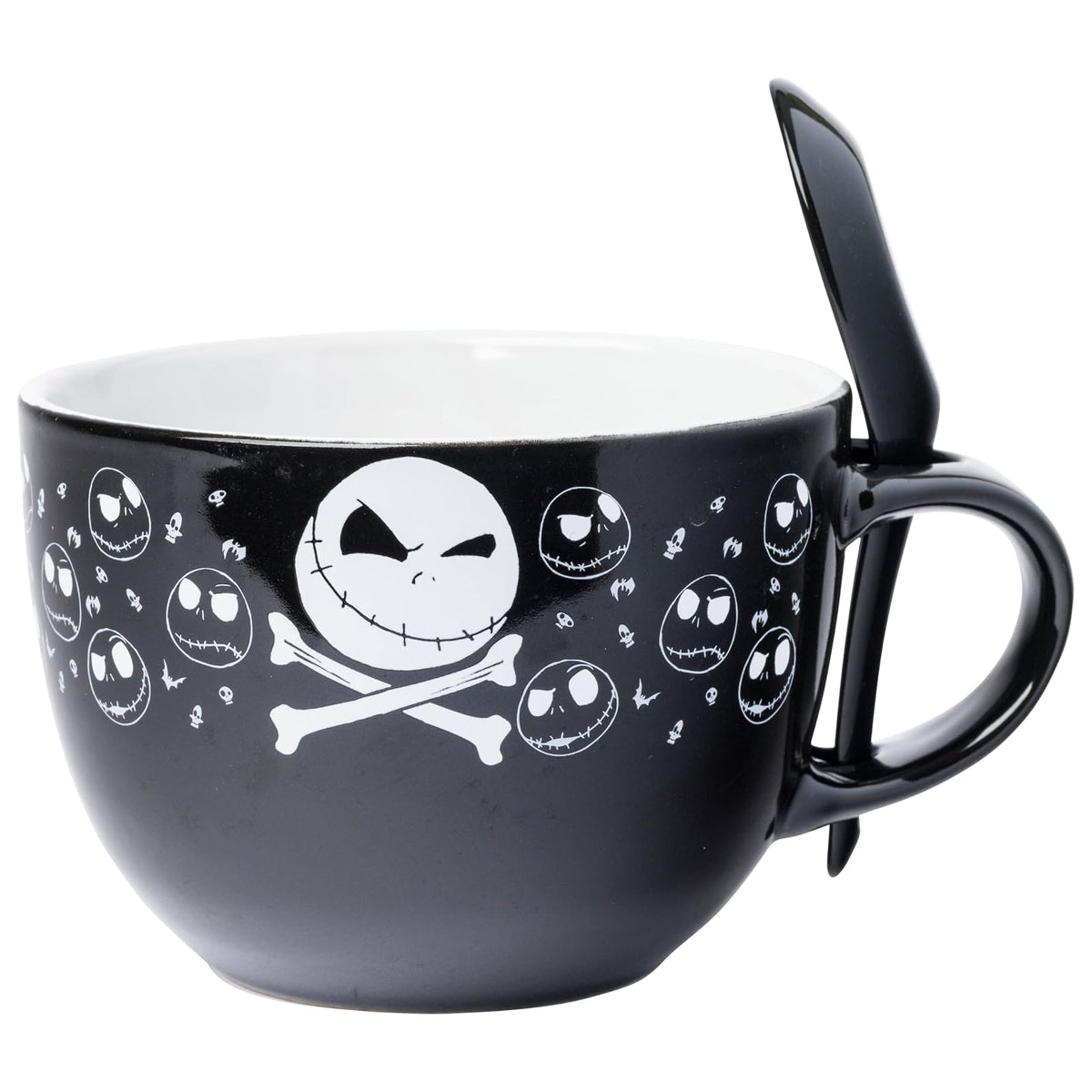 Silver Buffalo Nightmare Before Christmas Jack Cross Bones - Taza de sopa de cerámica con cuchara de 24 onzas