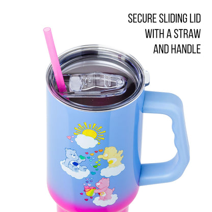 Silver Buffalo Care Bears con oso gruñón, Funshine y Love-A-Lot Bear Heart Showers Vaso de acero inoxidable de doble pared con mango y popote, se adapta a portavasos estándar, 40 onzas