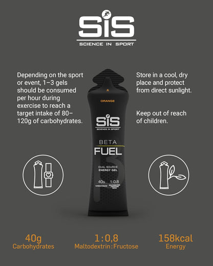 SIS Science in Sport Beta Fuel Gel sabor Naranja, Gel de Carbohidratos de Doble Fuente, 40g de Carbohidratos por Porción, Fácil de Digerir, 60ml (Pack de 6)