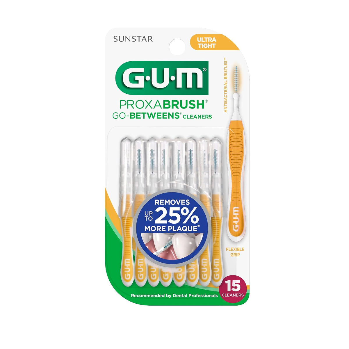 GUM Proxabrush Go-Betweens - Ultra apretado, cepillos interdentales, púas dentales de cerdas suaves para quitar la placa, seguro para aparatos ortopédicos y dispositivos dentales, 15 unidades