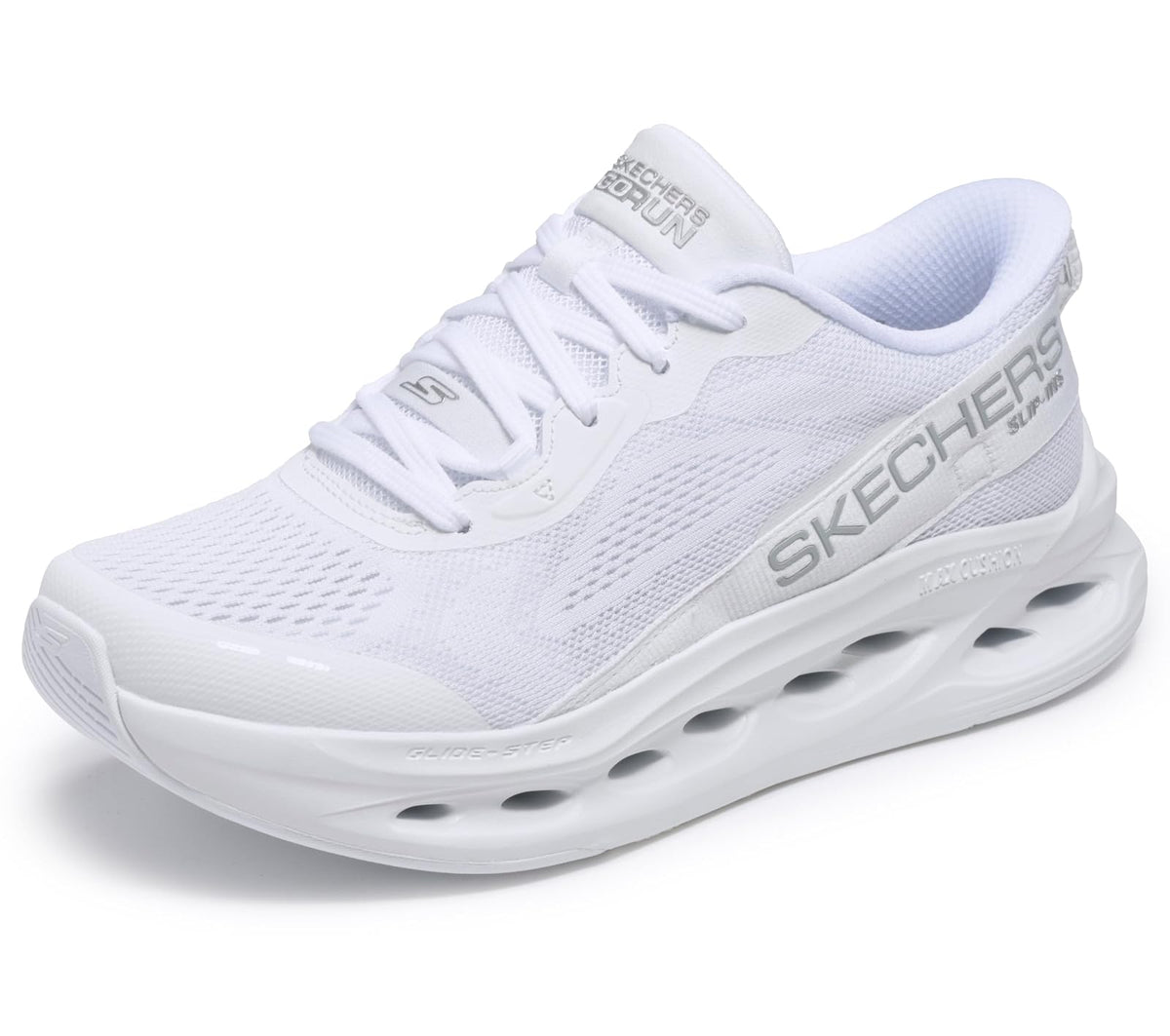 Skechers Max Cushioning Glide-Step Caledonia tenis para mujer - 25.5 cm - blanco y plateado