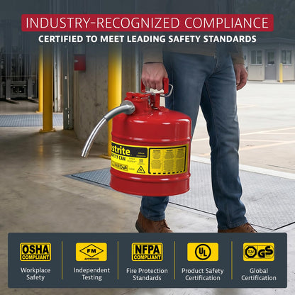 Justrite 7250130 Galvanized Steel, AccuFlow Type II Red Safety Can with 1" Flexible Spout, Large ID zone, Meets OSHA & NFPA For Handling Hazardous liquids. 5 Gallon (19L) Size.