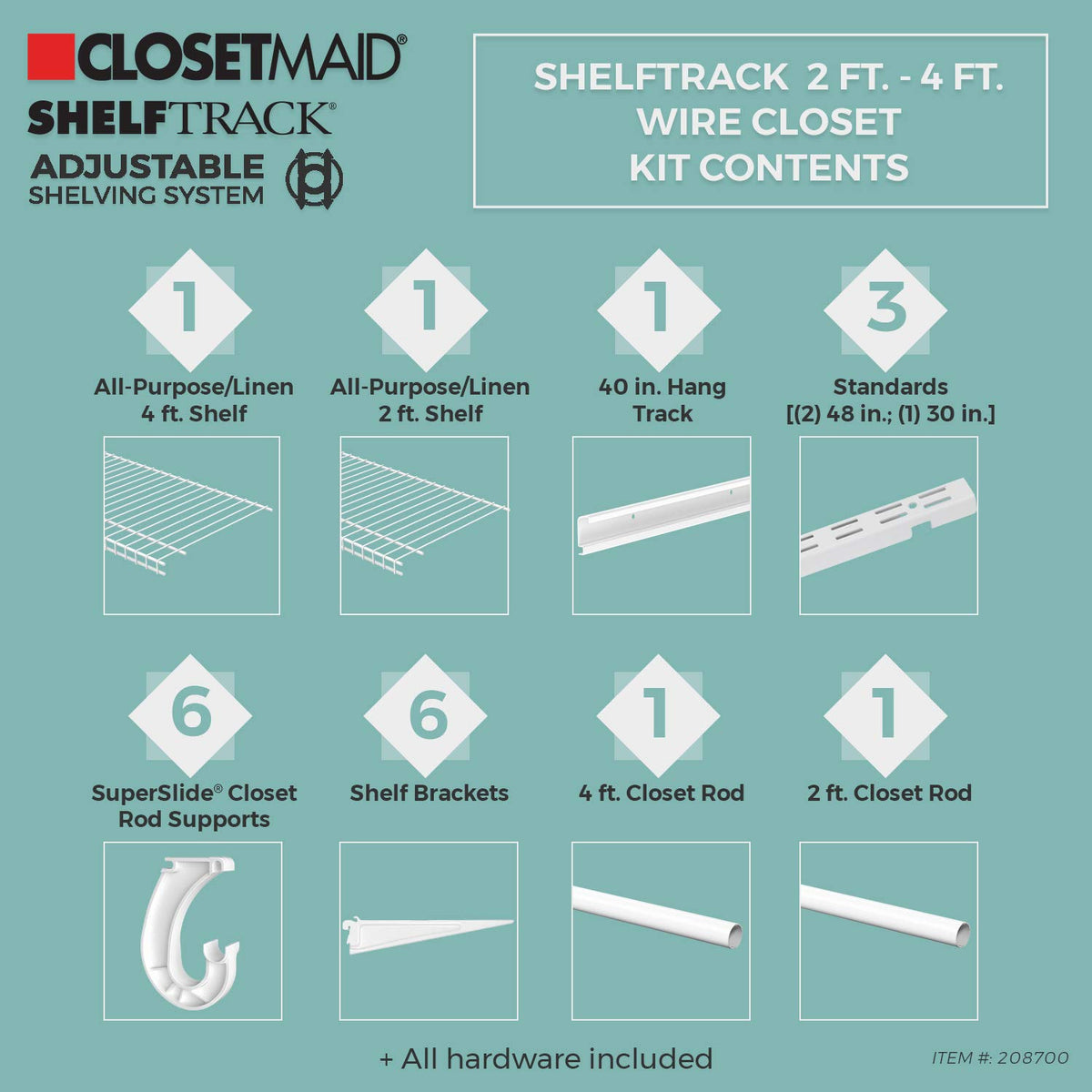 ClosetMaid 2087 shelftrack 0,6 m. a 4 pies Ajustable clóset Organizador Kit, Color Blanco, 2 Ft. to 4 Ft., 1 uds. por Paquete