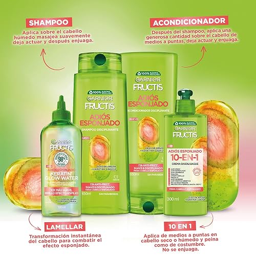Garnier Fructis Adiós Esponjado Tratamiento Keratin Glow Water Antifrizz, 180ml 10X mas Suave, Brillo Efecto Espejo con Oleo de Argán y Keratina Liquida