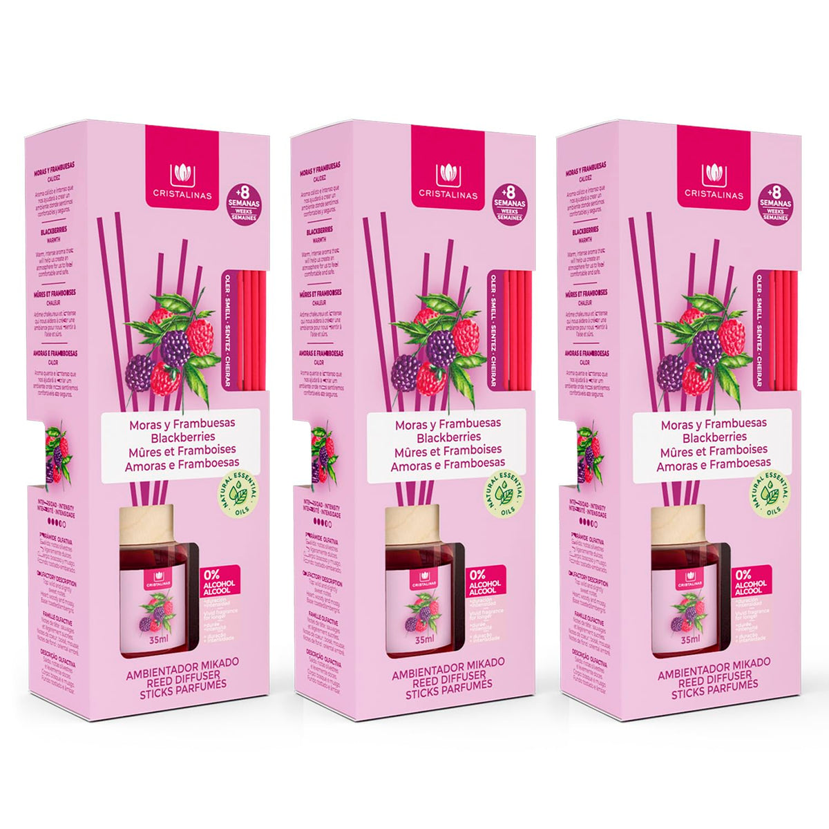 Cristalinas Ambientador de Cañas Ratán 40ml Difusor sin Alcohol - Moras y frambuesas - 3 pzas