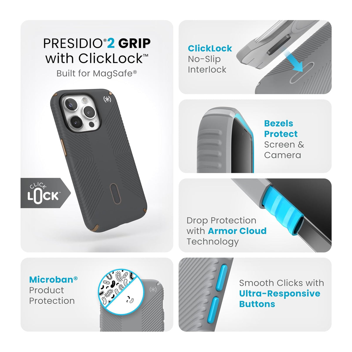 Speck - Funda para iPhone 15 Pro ClickLock con bloqueo antideslizante, construida para MagSafe, agarre de protección contra caídas, resistente a los arañazos, tacto suave, funda para teléfono de 6.1 pulgadas, agarre Presidio2 gris carbón/bronce frío/blanc