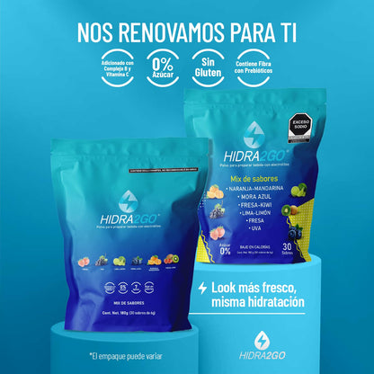 Hidra2go, Electrolitos Sin Azucar, Con Vitamina C, Complejo B, Magnesio Y Potasio, Bolsa Con 30 Sobres, Sabores Mixtos