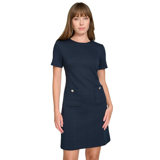 Tommy Hilfiger Short Sleeve High Neck Novelty Button Sheath Mini Dress Vestido Mujer