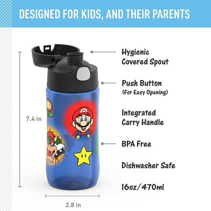 THERMOS FUNTAINER Botella de hidratación de plástico de 16 onzas con boquilla, Mario