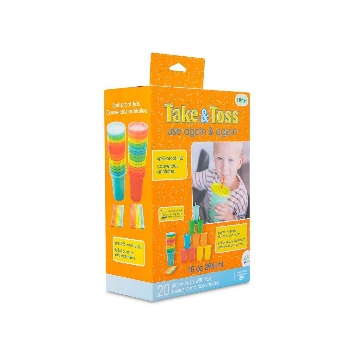 The First Years Take & Toss - Copas de paja para niños pequeños, a prueba de derrames con tapas y popotes a presión, suministros de alimentación para niños pequeños y suministros para fiestas de