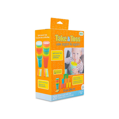 The First Years Take & Toss - Copas de paja para niños pequeños, a prueba de derrames con tapas y popotes a presión, suministros de alimentación para niños pequeños y suministros para fiestas de