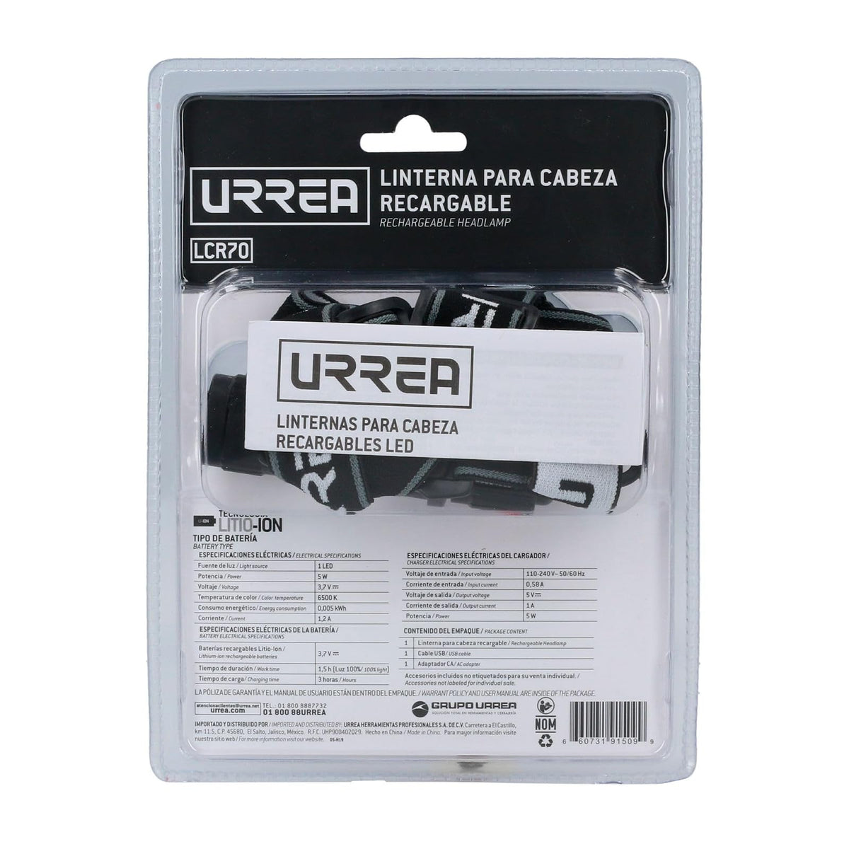 Urrea LCR70 Linterna de LED para cabeza recargable de 700 lm
