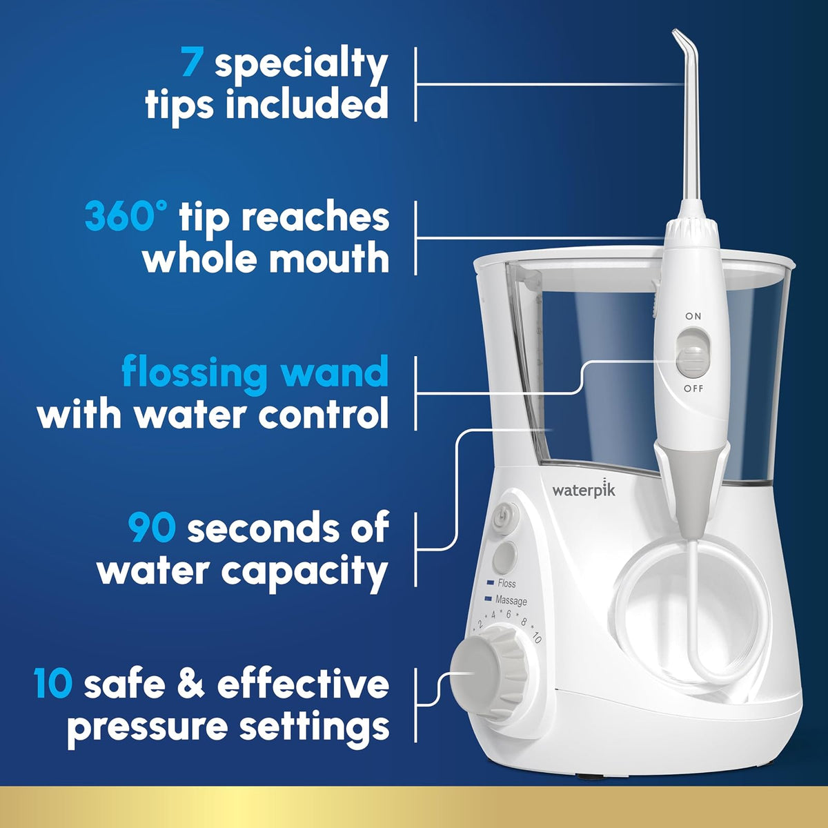 Waterpik Irrigador Dental - Aquarius Professional, WP-660 Blanco | Blanco, 1 unidad, 7 boquillas, modo de masaje, depósito de agua grande