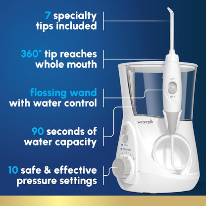 Waterpik Irrigador Dental - Aquarius Professional, WP-660 Blanco | Blanco, 1 unidad, 7 boquillas, modo de masaje, depósito de agua grande