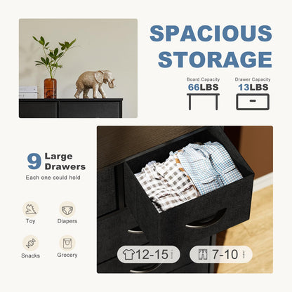 DUMOS - Cómoda para recámara con 9 cajones, Organizador de clóset de Tela con Marco de Metal y Torre de Almacenamiento de Madera para habitación de niños, guardería, Sala de Estar, Entrada