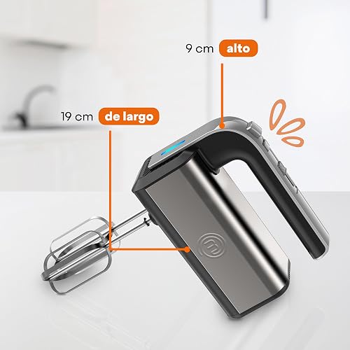 Hukën x MasterChef | Batidora de Mano MIX+ 300W | 5 Velocidades + Función Turbo | Tecnología Turbo Mix | Acero Inoxidable | Botón Expulsor | Luz LED de Encendido | 2 Batidores + 2 Ganchos para Amasar