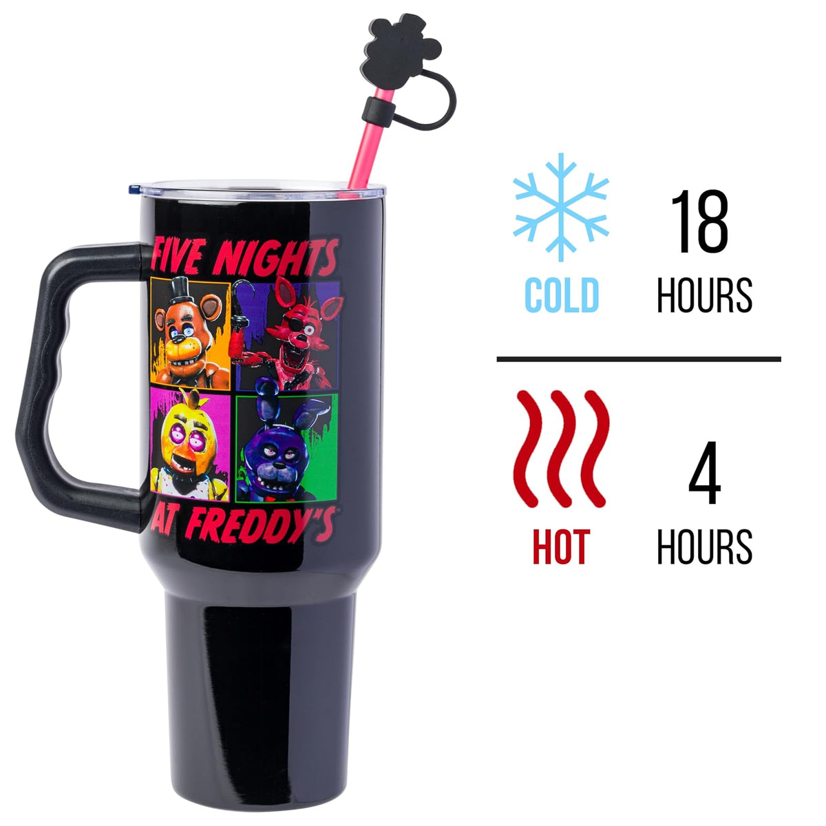 Silver Buffalo Five Night at Freddy's - Vaso de acero inoxidable con mango y popote, se adapta a portavasos estándar, 40 onzas