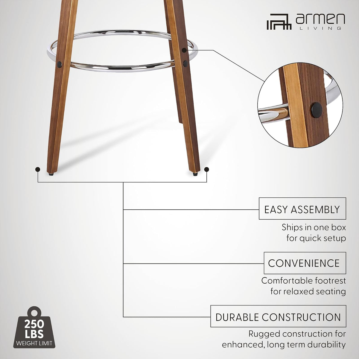 Armen Living Sonia 26" Counter Height Swivel Brown Faux Leather and Walnut Wood Bar Stool
