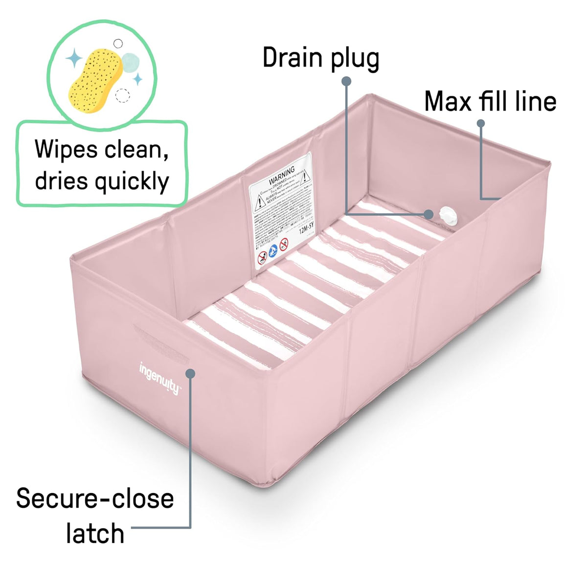 Ingenuity Tuckaway Tina para niños pequeños, convierte la ducha en tina, se pliega para almacenar, fácil de limpiar, no requiere montaje, 12 Meses a 5 Años, Rosa