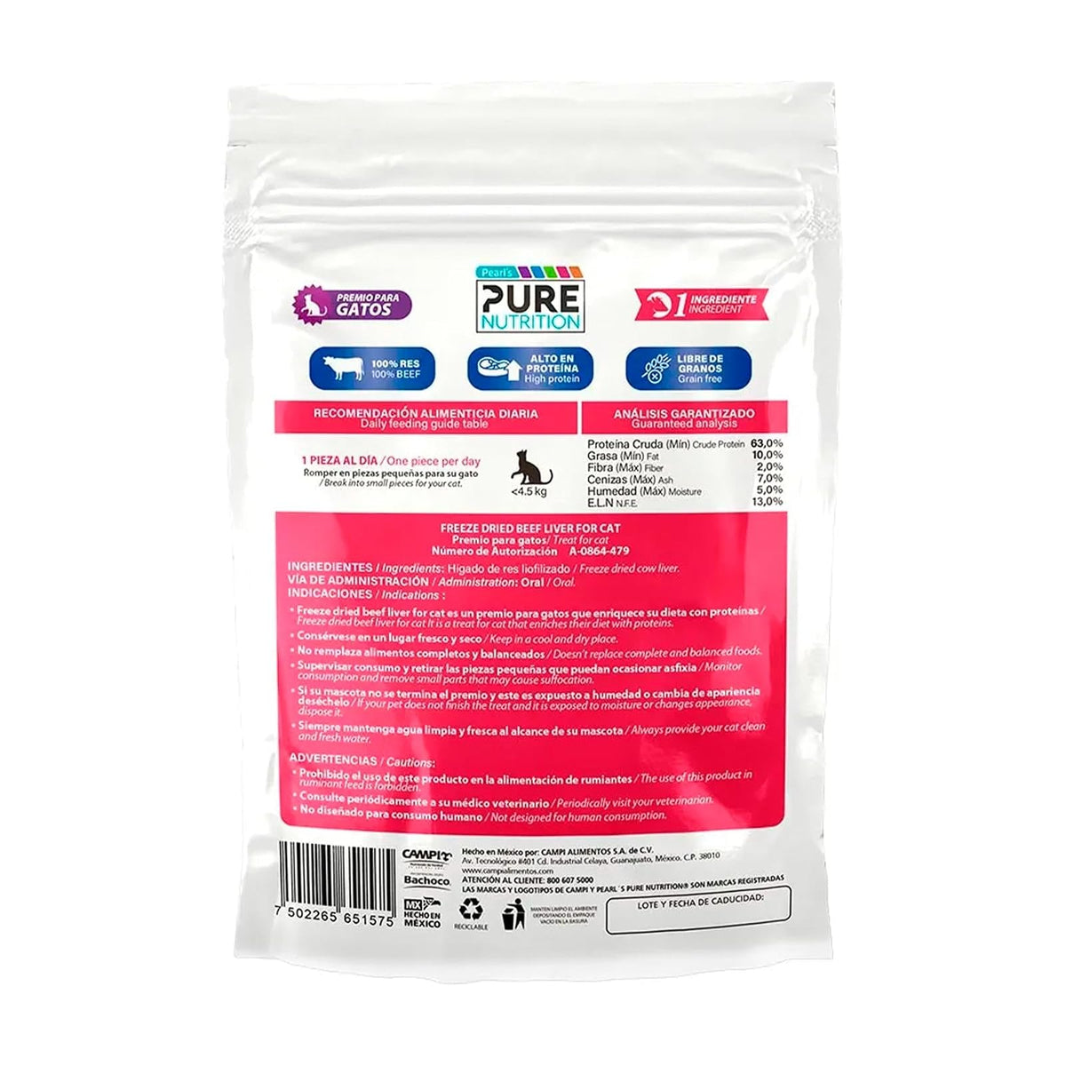 CAMPI, Premios para Gato, Hígado de Res Liofilizado Pearl's Pure Nutrition, 100% Natural, Contienen 63% de Proteína, 100 g