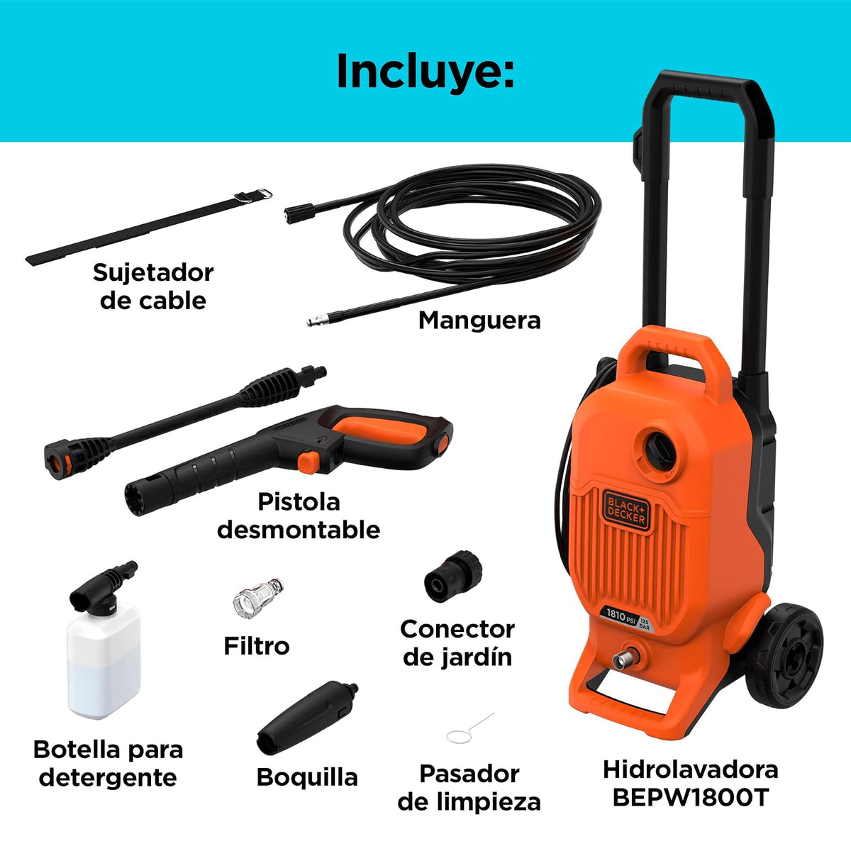 BLACK+DECKER Hidrolavadora de Alta Presión, 1700W, 1810PSI, BEPW1800T