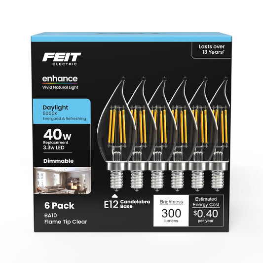 Feit Electric CFC40/950CA/FIL/6 40W EQ DM filamento de vidrio CA10 foco LED, paquete de 6