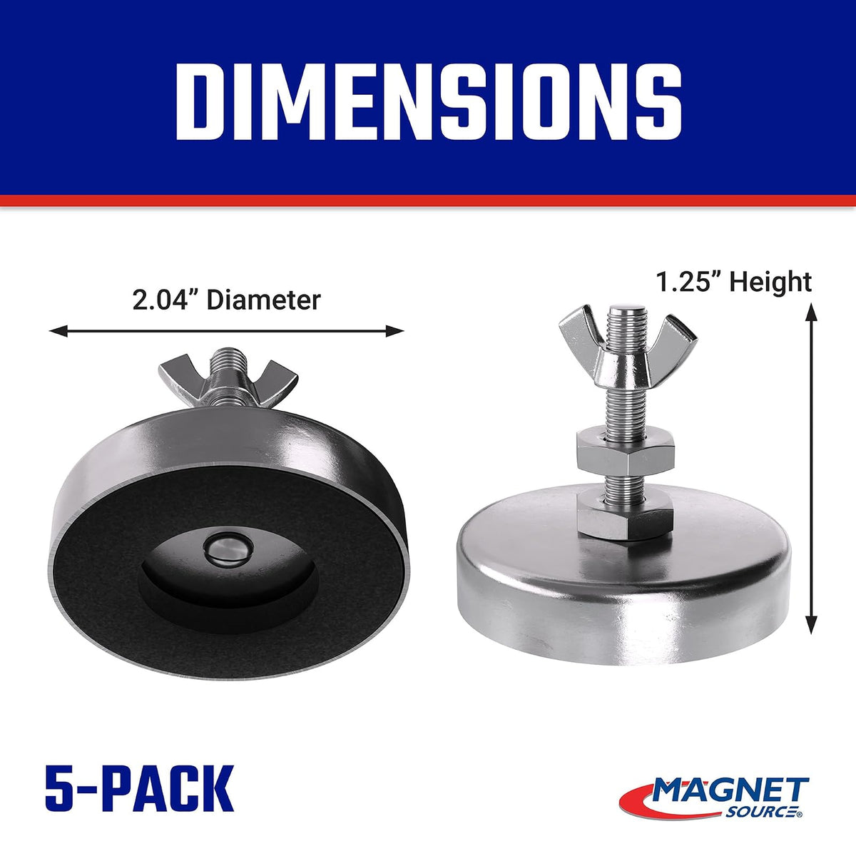 Master Magnetics - Imán de base redonda de cerámica con pernos, tuercas y tuercas de ala, imanes fuertes de alta resistencia, 35 libras cada uno, chapado en níquel, 2 pulgadas de profundidad, 1.25