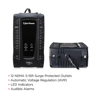 CyberPower UPS No-Break AVRG750U 750VA / 450W, Gabinete compacto, Regulador (AVR), 12 contactos, Garantía 3 años incluye batería