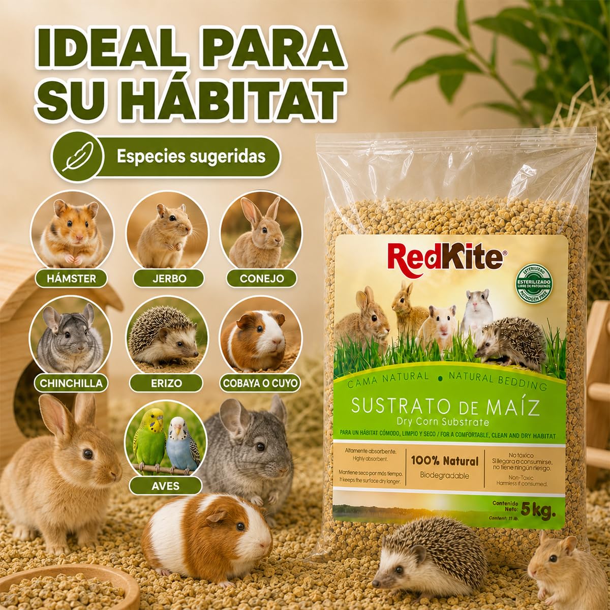 Red Kite Sustrato de Maíz Natural para Pequeños Mamíferos y Aves, 100% Natural, Alta Absorción, 5 kg