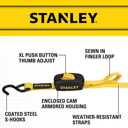 STANLEY S2001 - Correas de Amarre con Hebilla de Leva de 1 Pulgada x 10 pies, Color Negro y Amarillo - Carga de Trabajo Segura de 400 Libras, Resistencia a la Rotura de 1 Libra, Paquete de 2