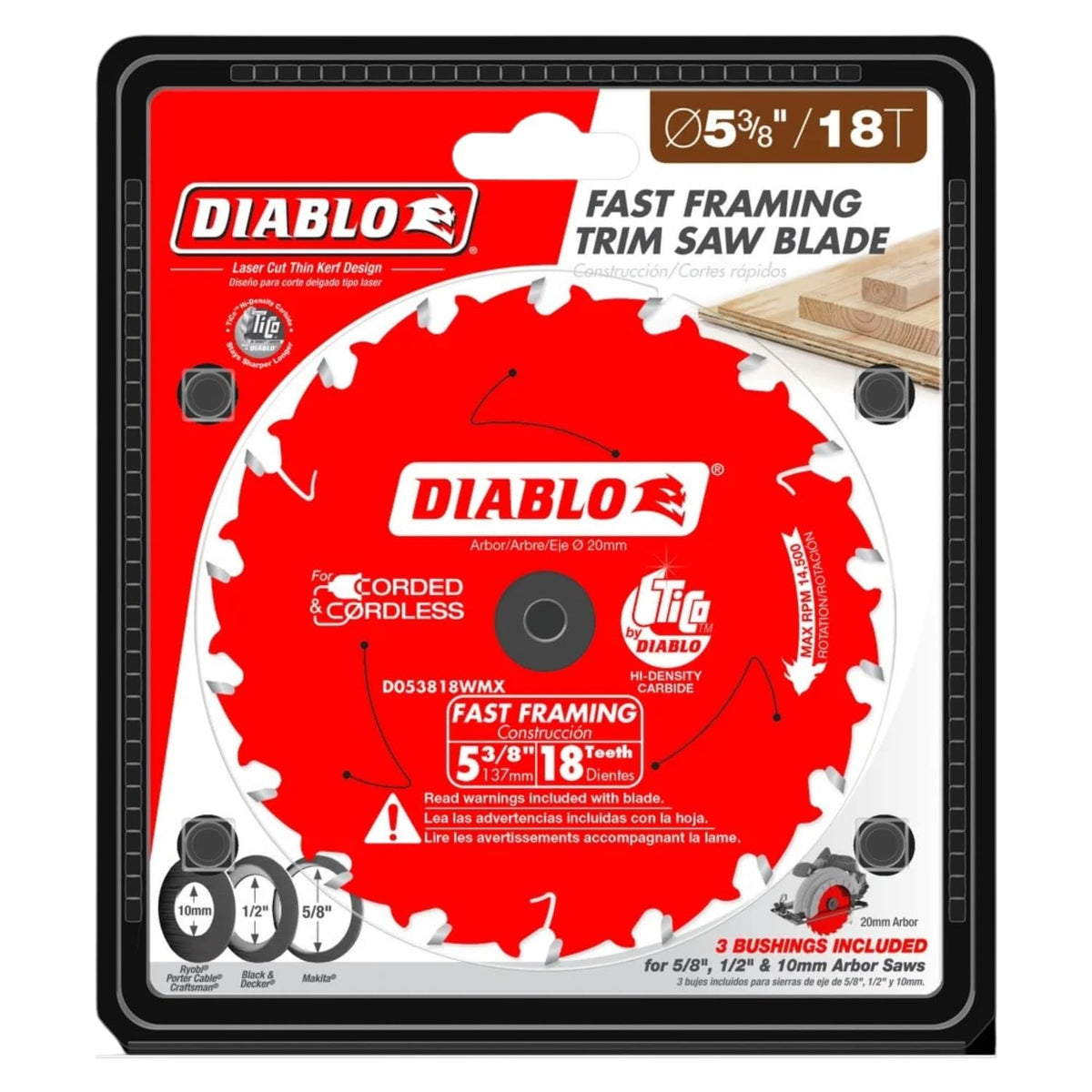 Diablo Hoja de Sierra rápida para Madera - 5-3/8 Pulgadas de diámetro, 18 Dientes ATB, Eje de 20 mm, Borde de 0.49 Pulgadas, ángulo de Gancho de 18°, Placa de 0.39 Pulgadas, 14500 RPM máximas -