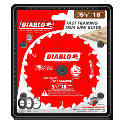 Diablo Hoja de Sierra rápida para Madera - 5-3/8 Pulgadas de diámetro, 18 Dientes ATB, Eje de 20 mm, Borde de 0.49 Pulgadas, ángulo de Gancho de 18°, Placa de 0.39 Pulgadas, 14500 RPM máximas -
